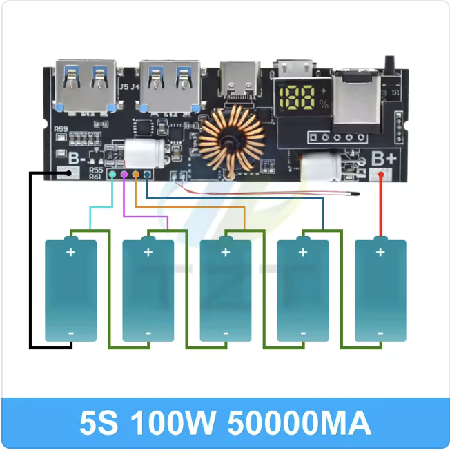 Модуль Power Bank 5S 100W PD/QC Multi-Port: 2×USB-A + USB-C + Micro-USB + Lightning + DC — LED